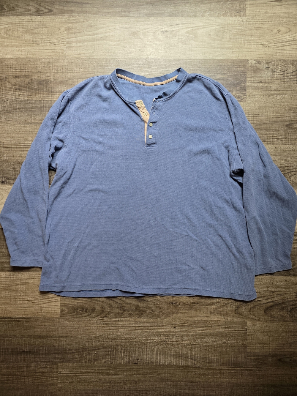 Three Dots Men's Long-Sleeve Henley in Dusty Blue with Contrast Placket